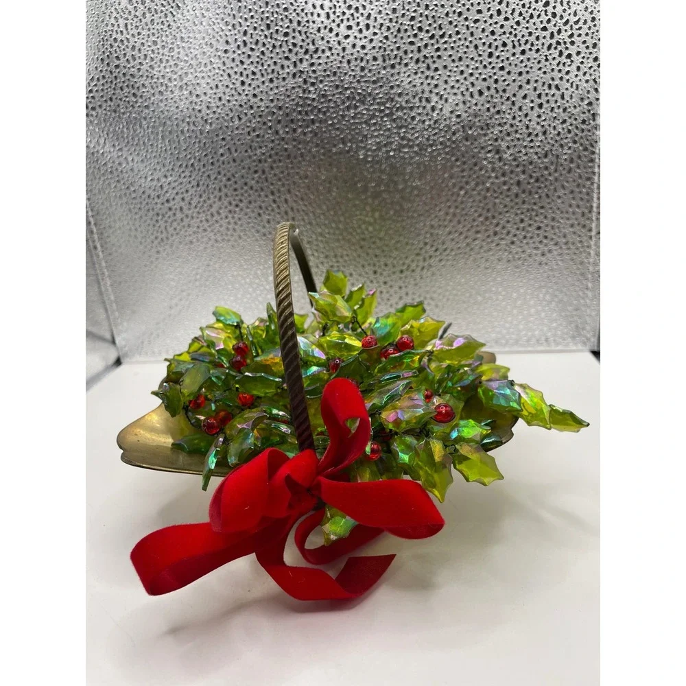 Brass Holly Berry Basket Christmas‎ Holiday Decor Red Velvet Bow Handmade India